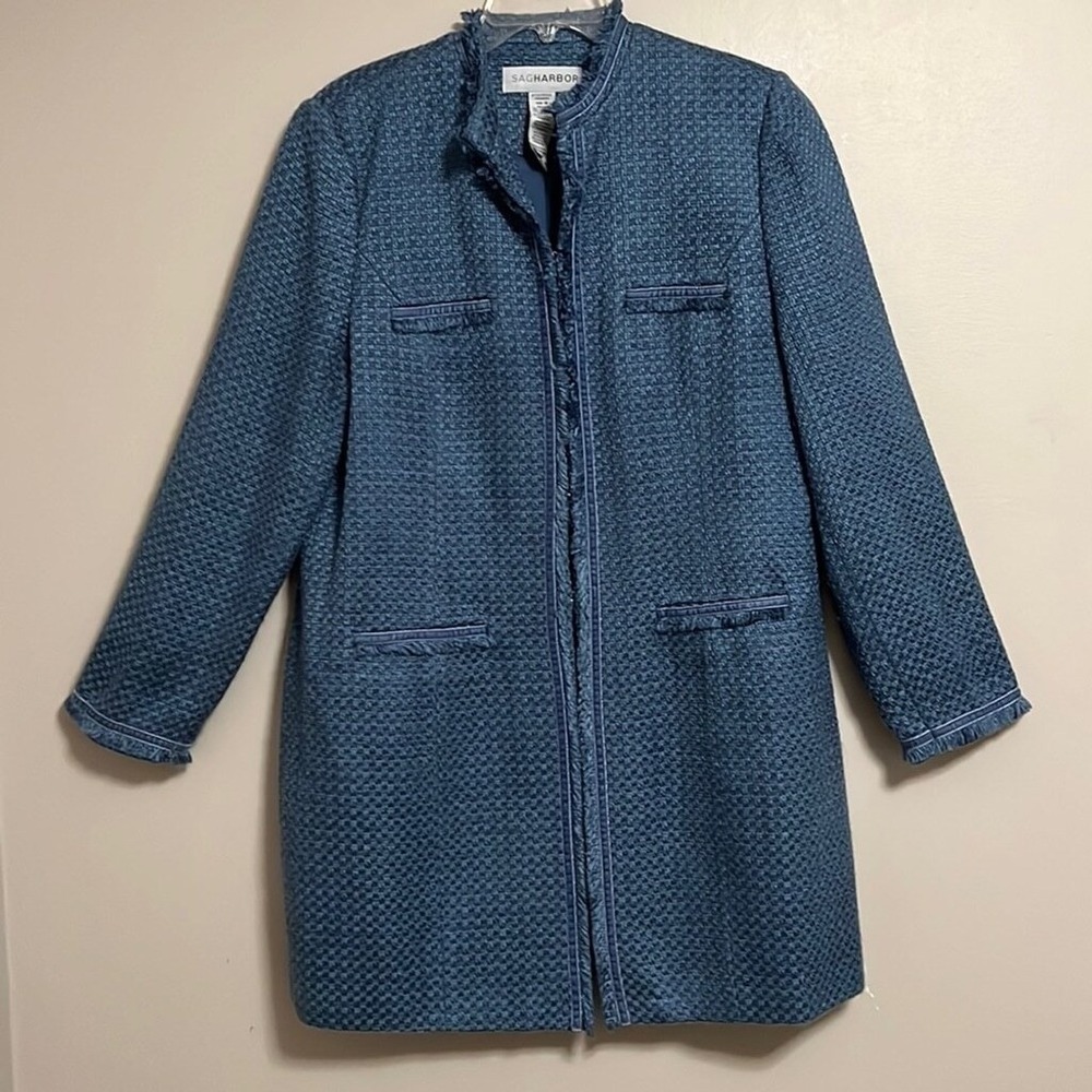 Sag Harbor Womens Coat Slate Blue Collarless Hook Eye Pockets Faux Tweed Size 16